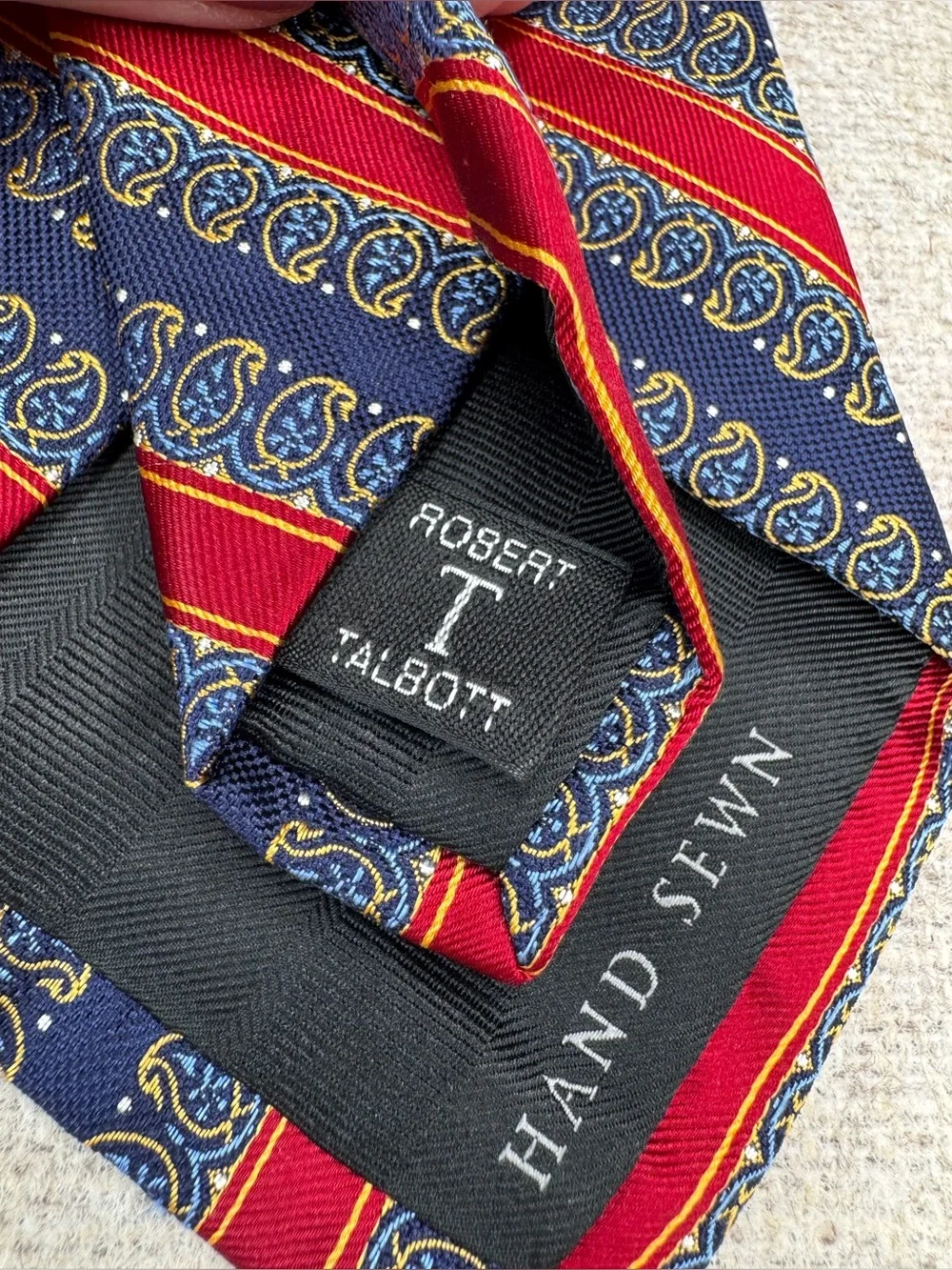 Robert‎ Talbott Carmel Silk Tie hand-sewn paisley striped navy blue, red USA